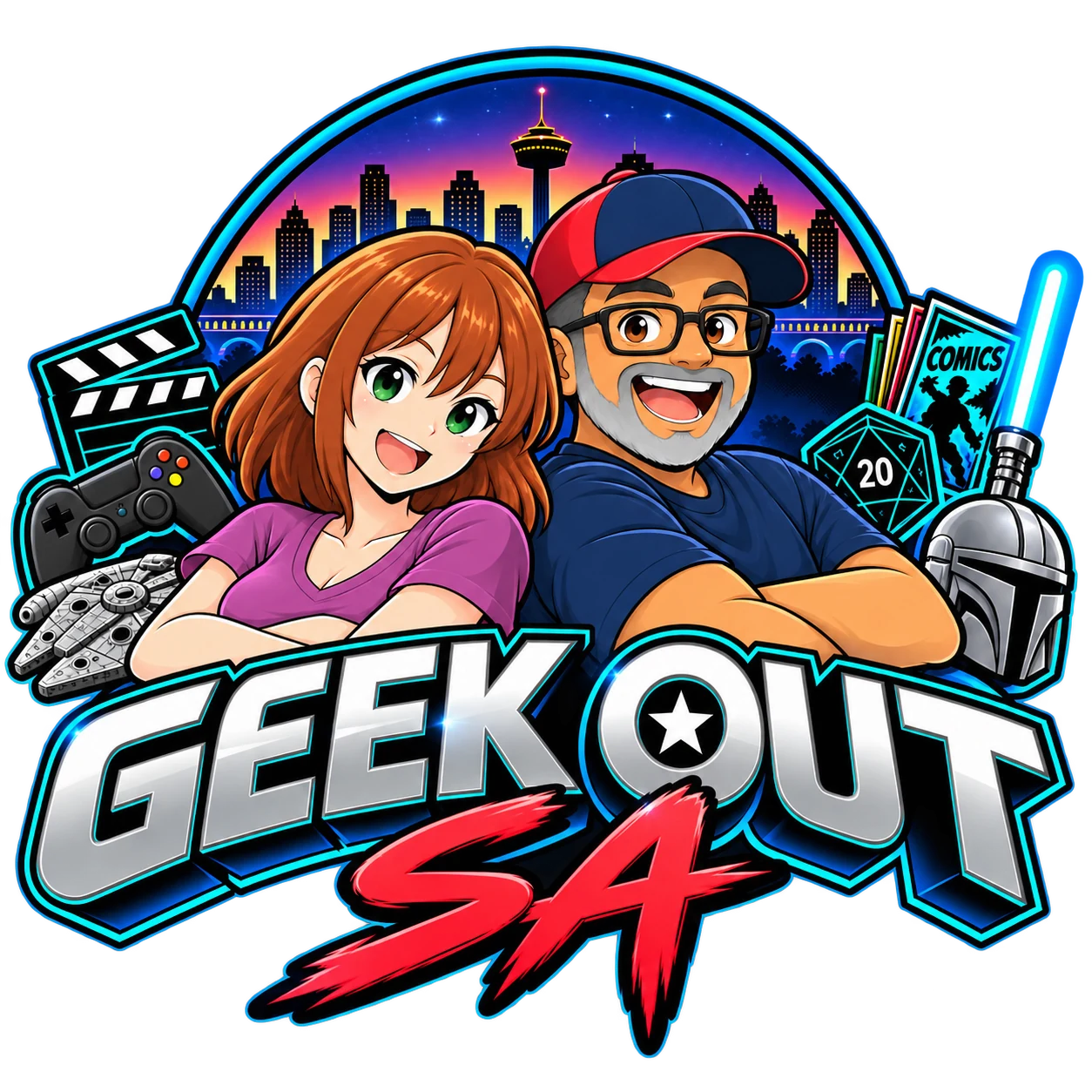 Cartoon artwork of Vince and Colleen with the San Antonio skyline and geek culture props